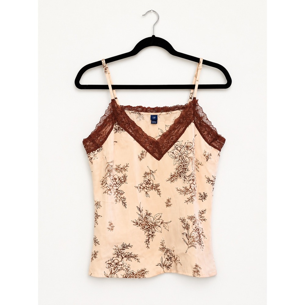 Old Navy Womens Floral Lace Trim Satin Camisole Top Peach Brown Large NWT